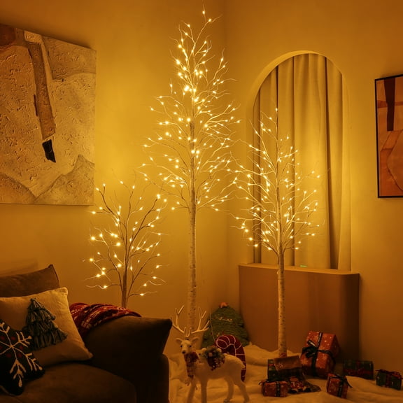 LED Birch Tree Light Set - 4ft, 6ft, 8ft Artificial Pre-lit Trees - with Plug-in Warm Lights - Indoor Outdoor Christmas Holiday Wedding Decor for Home Party (3-Pack)