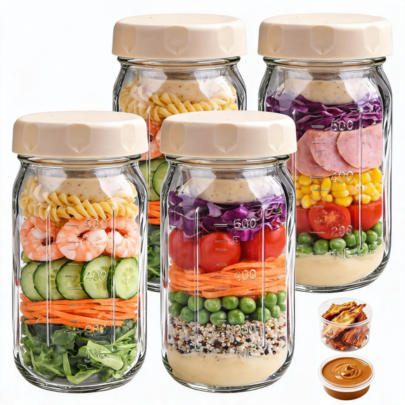4-Pack Glass Salad Jars with Airtight Lids for Meal Preparation - 32 oz Leakproof Containers Featuring Dual Integrated Compartments for Wet/Dry Separation, Designed for Leak-Resistant Lunch Storage