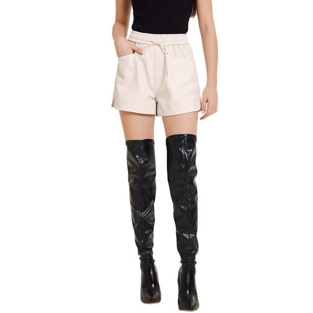 Pantalones cortos de PU para mujer INSPIRE CHIC con cintura alta y elástica, pantalones de cuero sintético con bolsillos L Beige