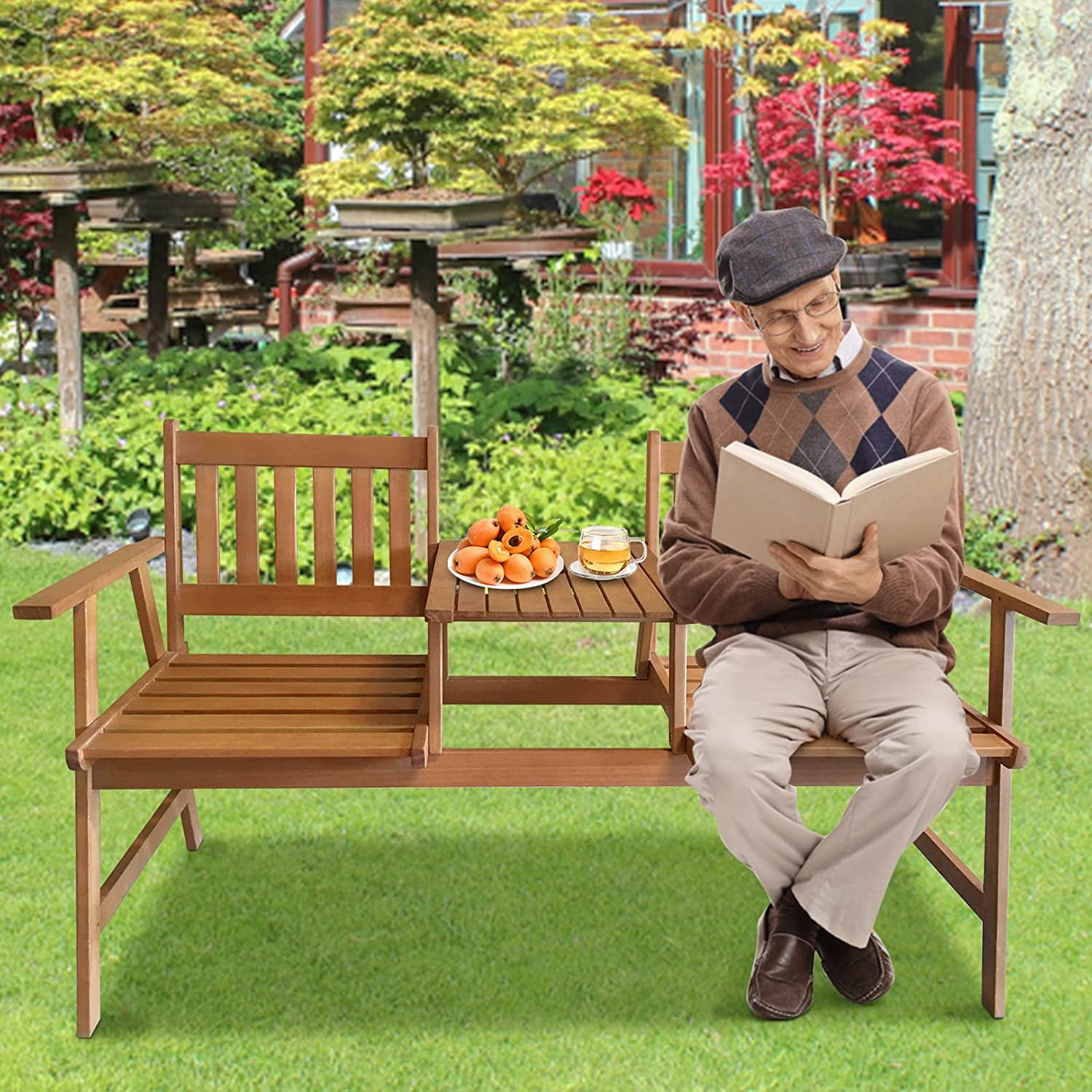 NiamVelo Outdoor Bench, 2 Person Wooden Garden Chair Front Porch Bench