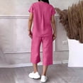thumbnail image 5 of Women’s 2 Piece Outfit Set Button Short Sleeve Shirt and Drawstring Waist Cropped Wide Leg Capri Pants with Pockets, Light Weight for Daily‑Wear, Vacation and Shopping S-5XL Hot Pink, 5 of 6
