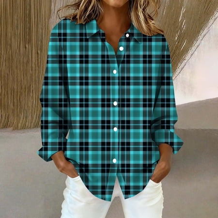 VJGBEGW Button Up Shirt Women Long Sleeve Fashion Plaid Shirts Casual Loose Shirt Green3 XL