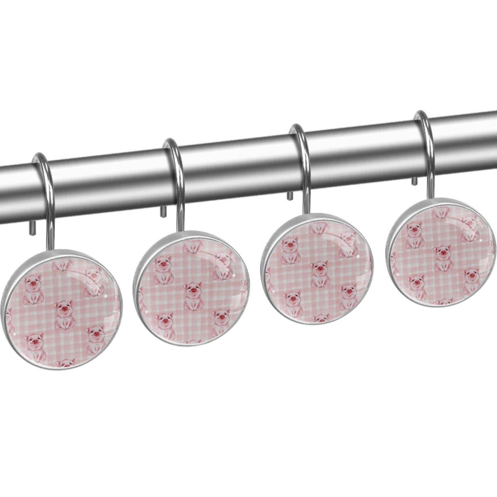 Checkered pig Shower Curtain Hooks（Set of 12）for Home Hotel Shower Rods Bathroom Crystal Glass Print Stainless Steel Round Curtain Hooks