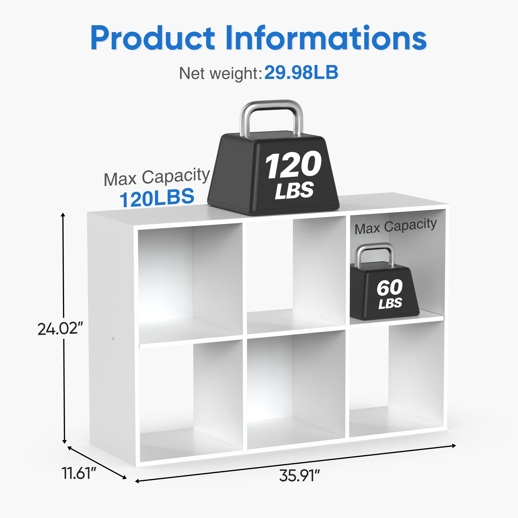 ZUNMOS 6 Cube Storage Organizer,Open Cube Storage Bookcase with 3 Removable Back Panels,for Living Room, Bedroom, Entrance Hall &Office, 36" L×11.6" W×24"H, White