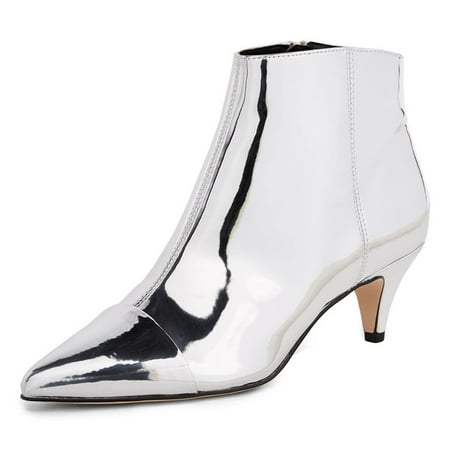XYD Women Low Kitten Heel Ankle Boots Pointed Closed Toe Side Zipper Prom Date Chic Short Bootie Shoes Size 15 Silver