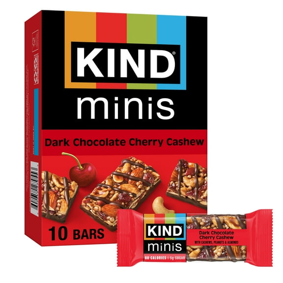KIND Minis Gluten Free Dark Ready to Eat Chocolate Cherry Cashew Snack Bars, 0.7 oz, 10 Count Box