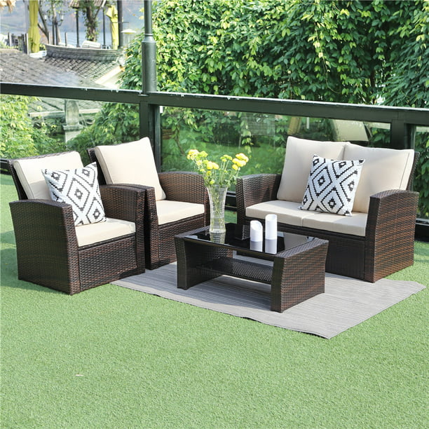 5 Piece Outdoor Patio Furniture Sets, Brown Wicker Outdoor Furniture