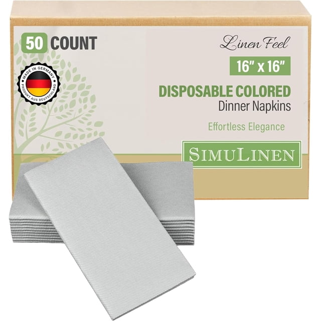 Colored Napkins - Silver - Decorative Dinner Napkins - Cloth Like and Disposable - Elegant & Durable - Soft & Absorbent - Versatile 16"x16" - Packaged for Easy Storage - Box of 50 - by SimuLinen