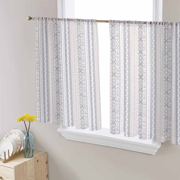 Boho Stripes Semi Sheer Curtains 54 Inch Length 2 Panels Set, Abstract Polka Dot Rustic Tribal Patterns Sheer Kitchen Curtain Privacy Voile Window Curtain for Living Room Bedroom Rod Pocket Drapes
