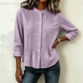 thumbnail image 5 of Nmnitkp Women's Mandarin Collar Pleated Front Button Down Shirt Cotton Linen Roll Up Long Sleeve Loose Casual Blouse for Fall Work Office Daily Wear Purple,XL, 5 of 6