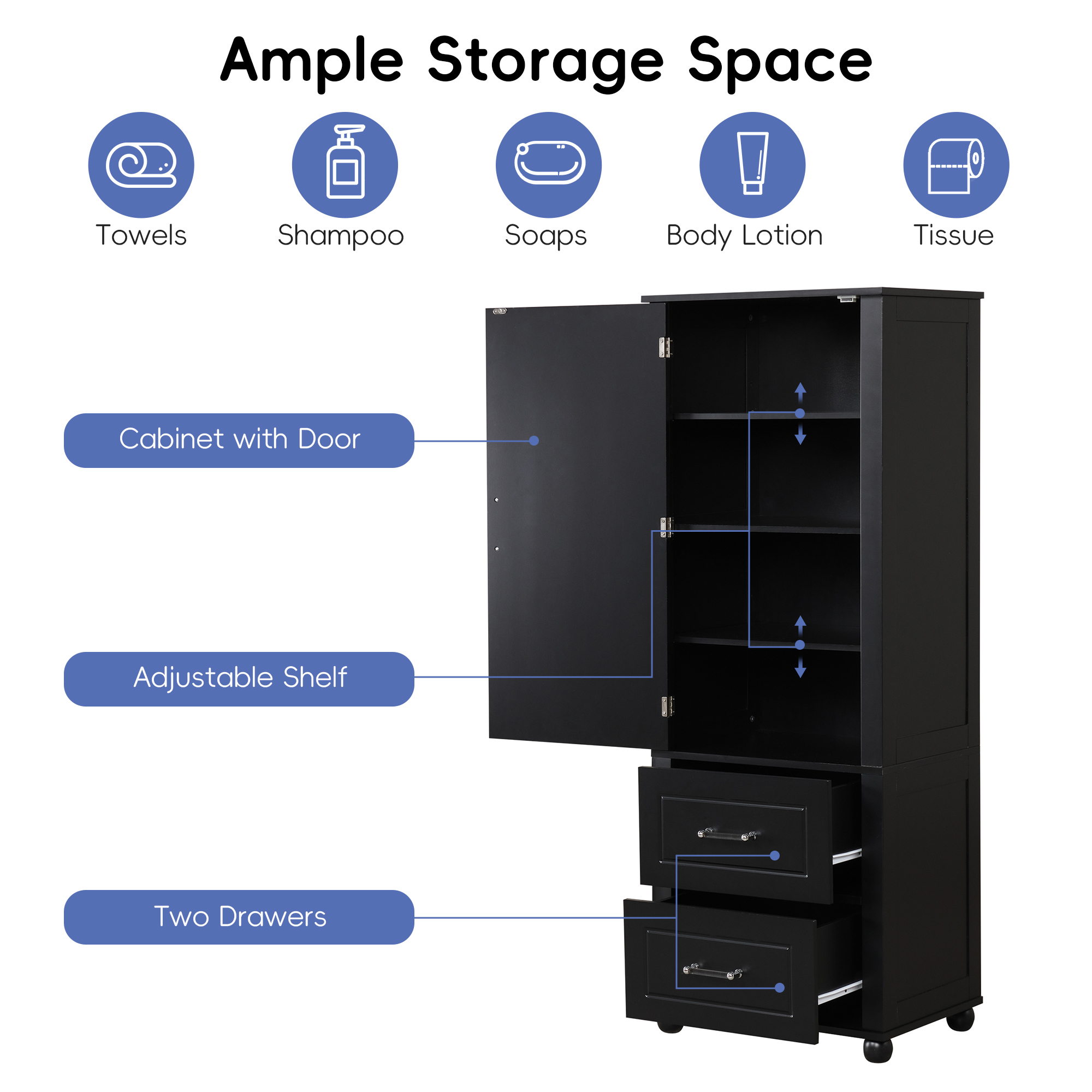 ALEXLOGER 61.4" Tall Bathroom Storage Cabinet with 1 Doors and 2 Drawer, Freestanding Linen Cabinet, Wooden Pantry with Adjustable Shelf for Kitchen, Bathroom, Living Room