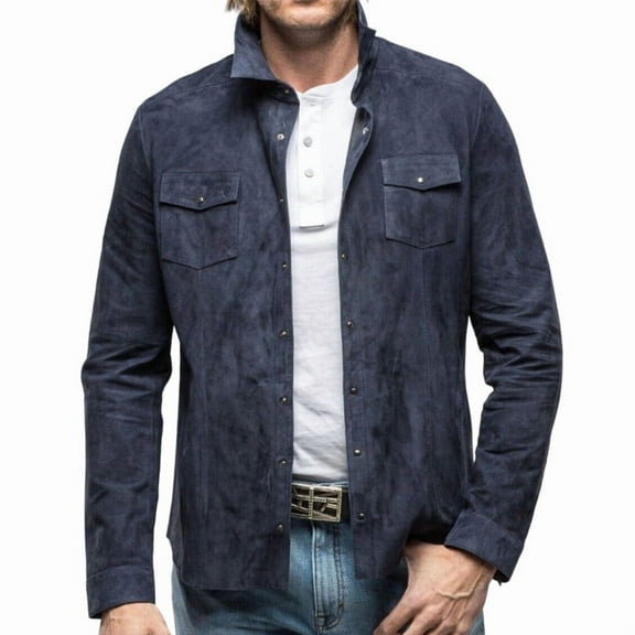 Men's Stylish Blue 100% Genuine Suede Leather Lightweight Soft Satin lining Jackets for Men - XS Size