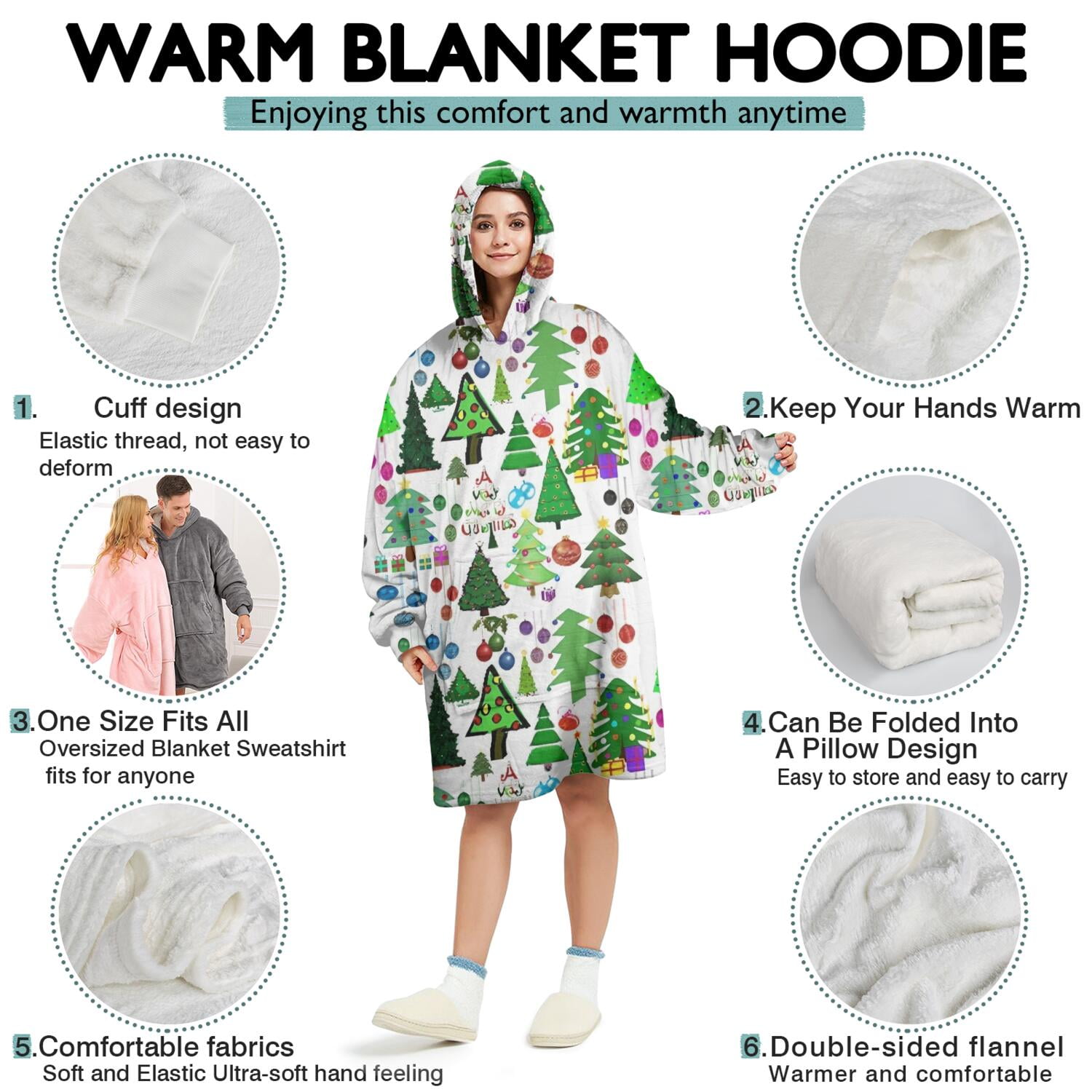 Wearable Oversized Blanket,Multicolor Christmas Tree Pattern Wearable Blanket Hoodie for Adults,Cozy Hooded Blankets with Super Pockets,Super Warm Fuzzy Pullover for Women & Men