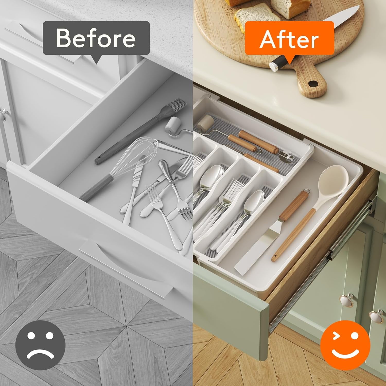Silverware Drawer Organizer, Expandable Utensil Tray for Kitchen, BPA Free Flatware and Cutlery Holder, Adjustable Plastic Storage for Spoons Forks Knives, 8.5-14 x 12", Black