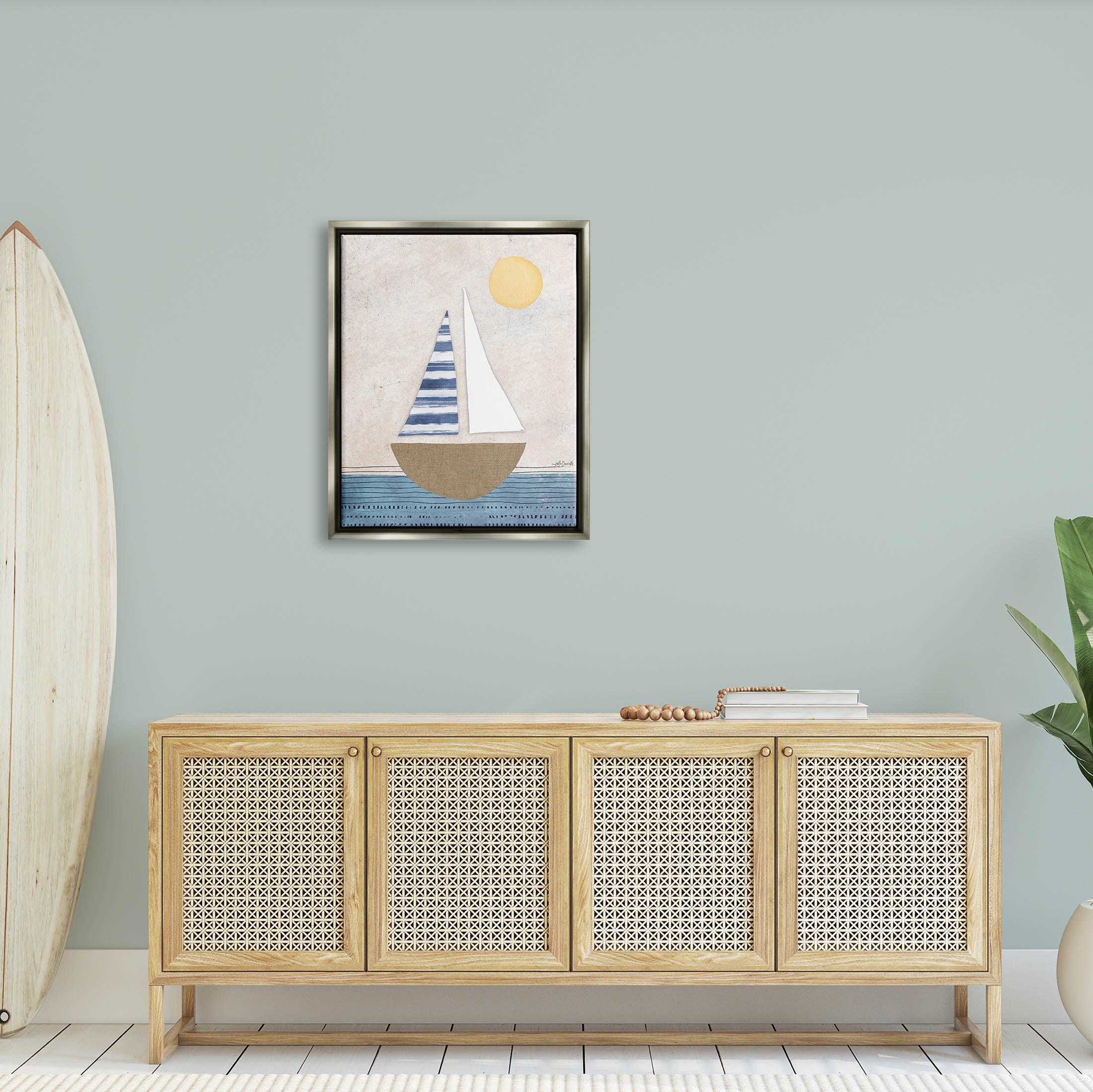 Stupell Industries Geometric Sailboat Striped Ocean Water Graphic Art Luster Gray Floating Framed Canvas Print Wall Art, Design by Katie Doucette