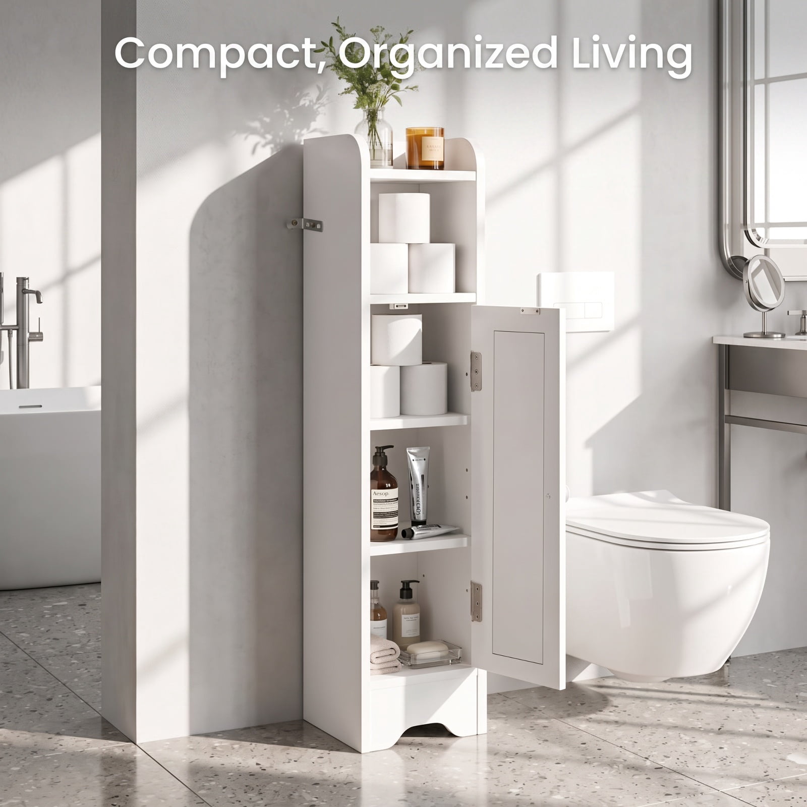 Vebreda Slim Freestanding Corner Bathroom Storage Cabinet with 1 Door & Adjustable Shelves, 5-Tier Narrow Floor Organizer with Anti-Tip Kit for Small Bathroom, White