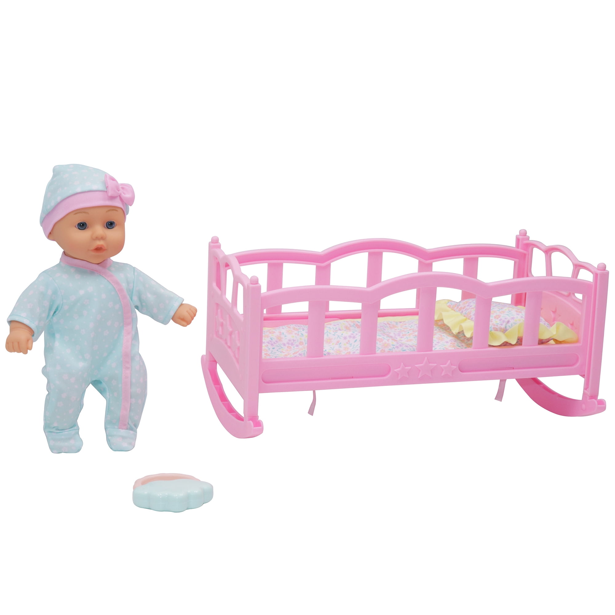 Dream Collection: Musical Crib & 12" Baby Doll Set - Blue & Pink Onesie, Sleep Cap, Rocking Crib Plays Soothing Lullabies, Toy Rattle, Kid-Toddlers 2+