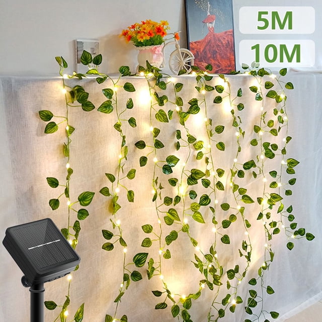 7m/12m LED Solar Fairy String Lights Outdoor IP65 Waterproof Watermelon Leaves String Lights with 8 Lighting Modes and Memory Function for Garden Party Weddings Decoration