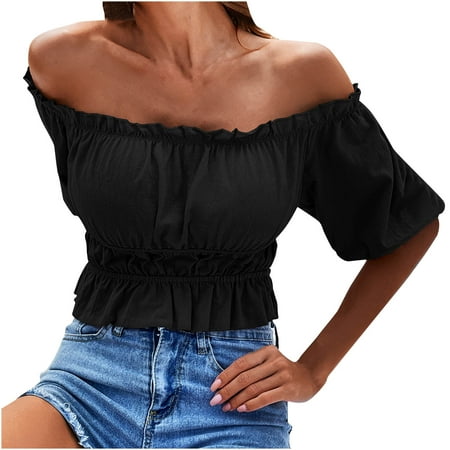 

Womens Summer Cold Shoulder Corset Tops Ruffle Short Sleeve Crop Tops Solid Color Casual Trendy Sexy Tunic Tee Blouses