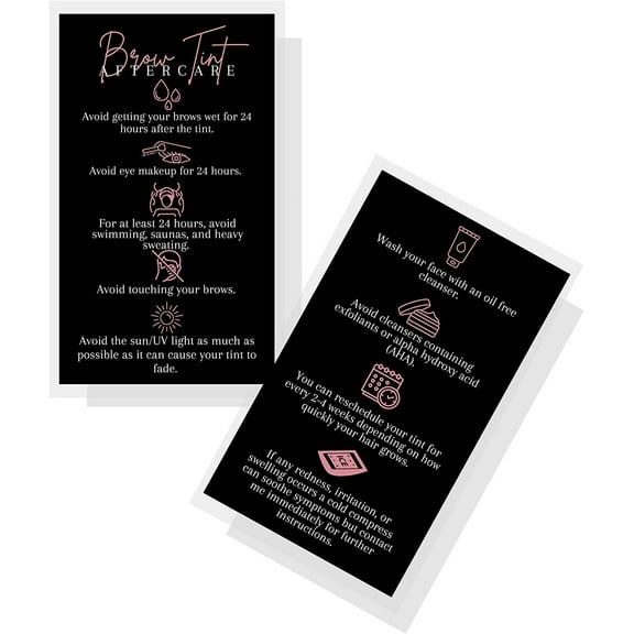 Boutique Marketing LLC Brow Tint Aftercare Card  50 Pack  2x3.5 inch Business Cards  Matte Black with Rosey Pink Design