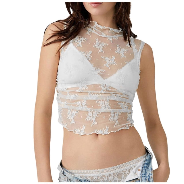 Women's Sleeveless Sheer Lace Mesh Crop Top - Mock Neck, Ruched Side, Floral Embroidery