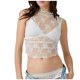 thumbnail image 1 of Top corto sin mangas de encaje transparente para mujer - Cuello alto, fruncido en los laterales, bordado floral, 1 of 7