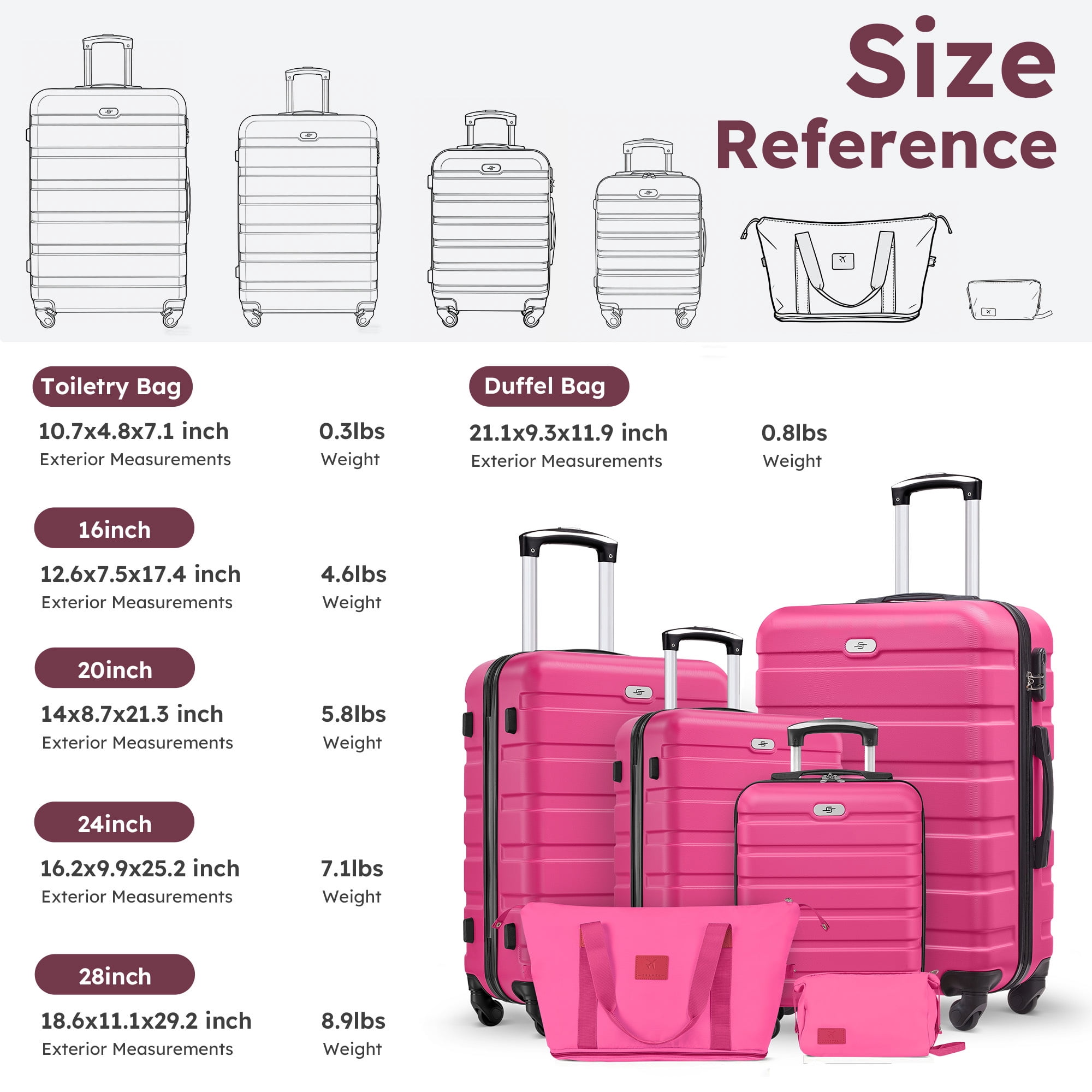 Gowill 6 Piece Luggage Sets,16/20/24/28 inch Hardside Lightweight ABS Suitcase With Expandable Duffle Bag (Rose Red)