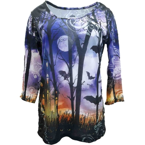 Womens Purple Orange Forrest Bats Halloween Holiday Long Sleeve T-Shirt