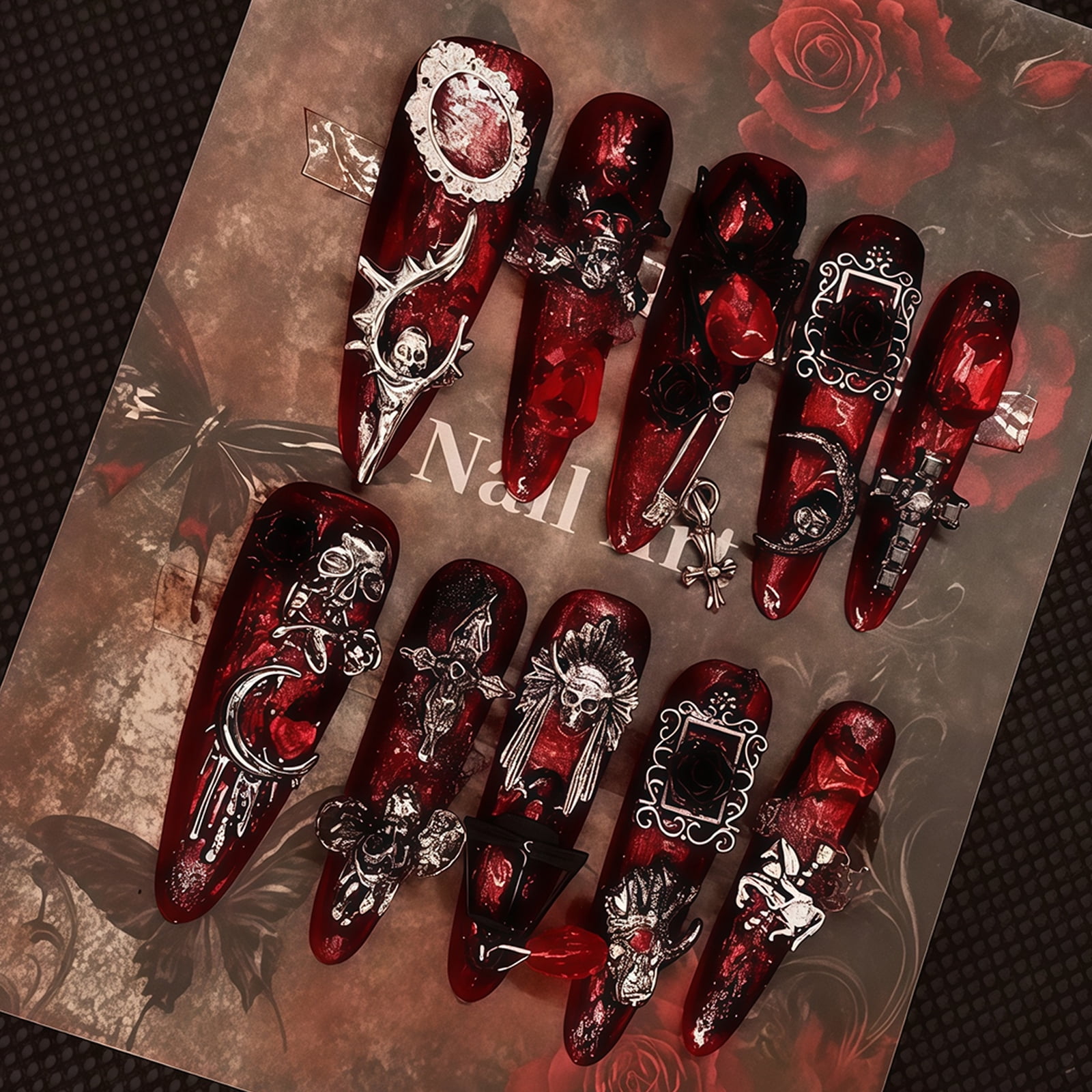 Handmade Press On Nails Long Dark Gothic Fake Nails Skull Retro Rose Luxury Baroque Punk for Women Party Holiday Photo Role Play Halloween 10Pcs