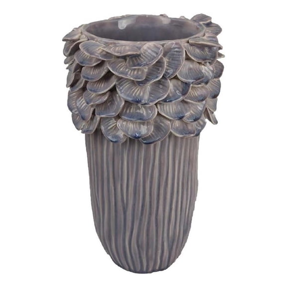 Benjara Kiana Decorative Vase- Gray Ceramic Flared Scales Rim Accent- 13 Inch