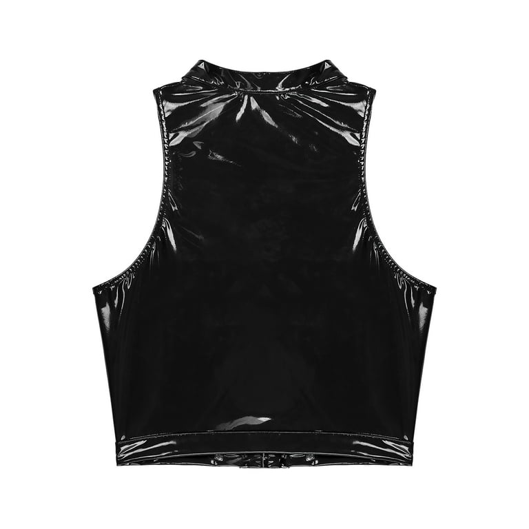 Yeahdor Mens Sleeveless Lace-Up Crop Top Wet Look Patent Yeahdor Mens Sleeveless Lace-Up Crop Top Wet Look Patent