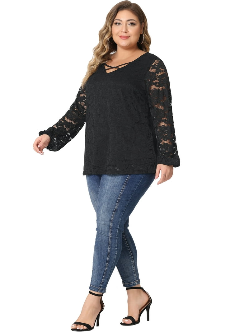 Unique Bargains Women's Plus Size Lace Blouse Sheer Elastic