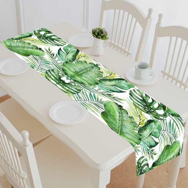 ABPHQTO Camino de mesa con hojas de palmeras tropicales verdes sobre mantel blanco 35x180 cm