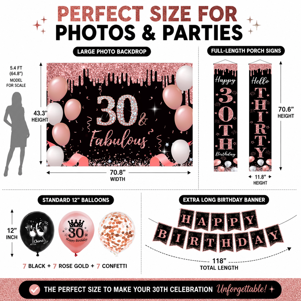 Happy Greetings 30th Birthday Party Kit, Rose Gold & Black, 45-Piece photo 8