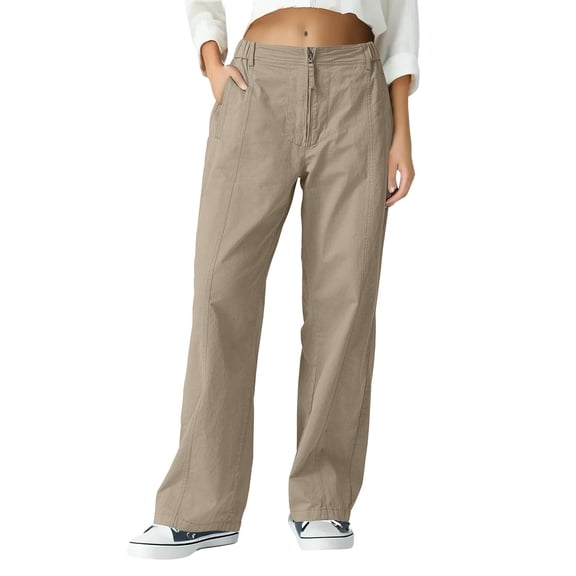 ITSAME Womens Straight Leg Pants Zipper High Waist Loose Fit Versatile Casual Trousers with Pockets Khaki Size M