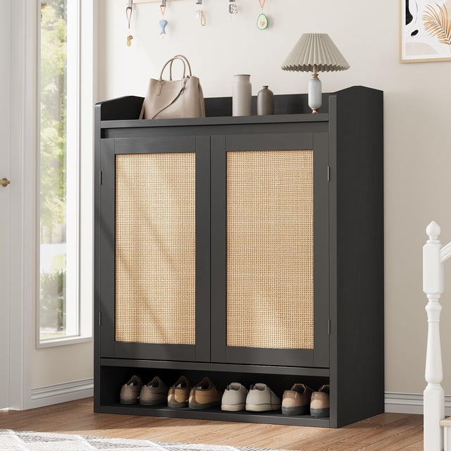 Modern Black Rattan Shoe Cabinet – Wooden Entryway Shoe Organizer with Adjustable Shelves and Closed Boho Rack – Durable Storage for Living Room or Bedroom, Color: Black
