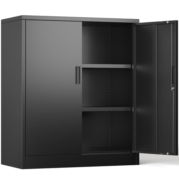 Metal Storage Cabinet, Locking Garage Cabinet with 2 Adjustable Shelves, Secure Organizer for Home Office Gym Warehouse, Heavy Duty Steel Storage Unit, Black