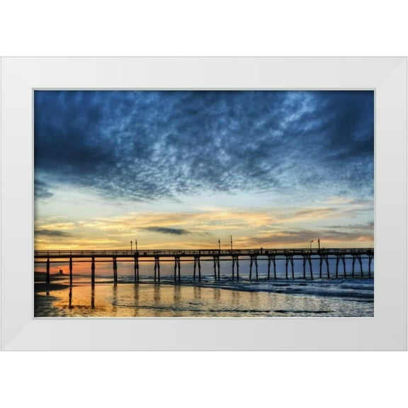 Flaherty, Dennis 32x23 White Modern Wood Framed Museum Art Print Titled - USA, North Carolina Sunrise at Sunset Beach pier