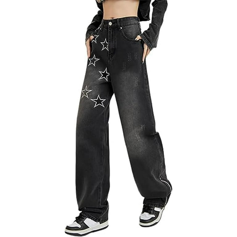 Kukuzhu Y2K Jeans for Women Star Patch Baggy Denim Pants Vintage Y2k  Aesthetic Harajuku Streetwear Grunge Emo Scene Clothes