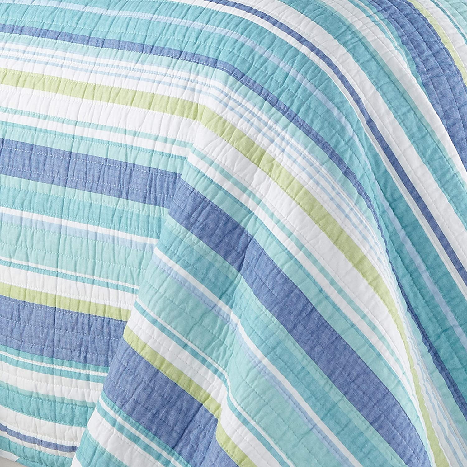 Levtex Home - Laida Beach Quilt Set - King Quilt + Two King Pillow Shams - Coastal Stripe - Green, Blue, White - Quilt Size (106x92in.) and Pillow Sham Size (36x20in. ) - Reversible - Cotton