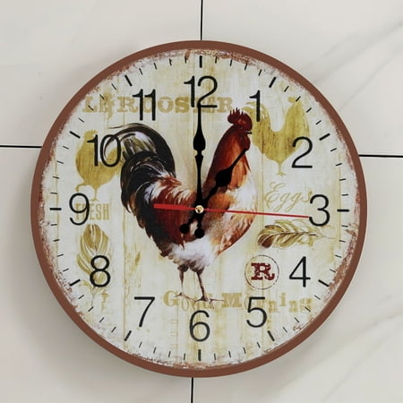 Classic noble chicken Wall Clock - 12 Inch Wooden Art Hanging Clock, Silent Non-Ticking, Battery Operated, Round Home Decorative Clock With Arabic Numerals , retro, warm