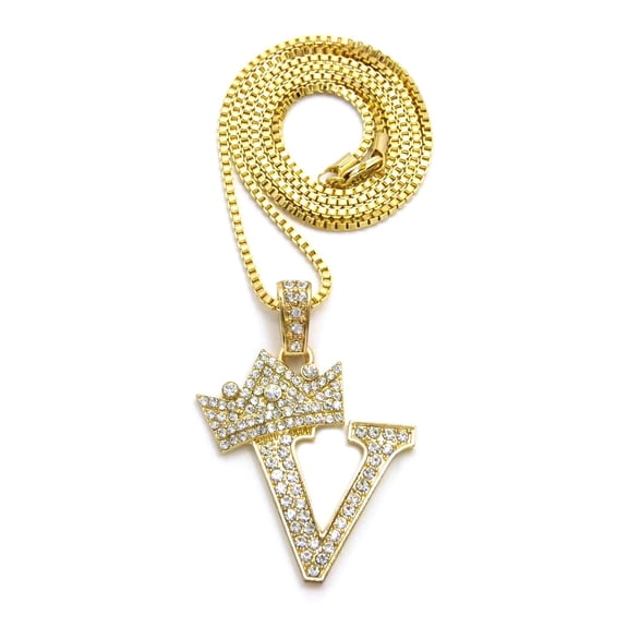 Stone Stud Allover Tilted Crown Initial V Pendant w/ 2mm 24" Box Chain Necklace, Gold-Tone