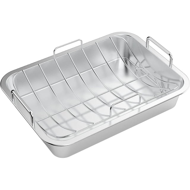 onlyfire Roasting Pan with U-Rack - Stainless Steel Barbecue Bakeware Roaster, 16 Inch Rectangular Turkey Roaster Lasagna Pan for Roasting Turkey, Chicken, Meat & Vegetables, Oven Safe