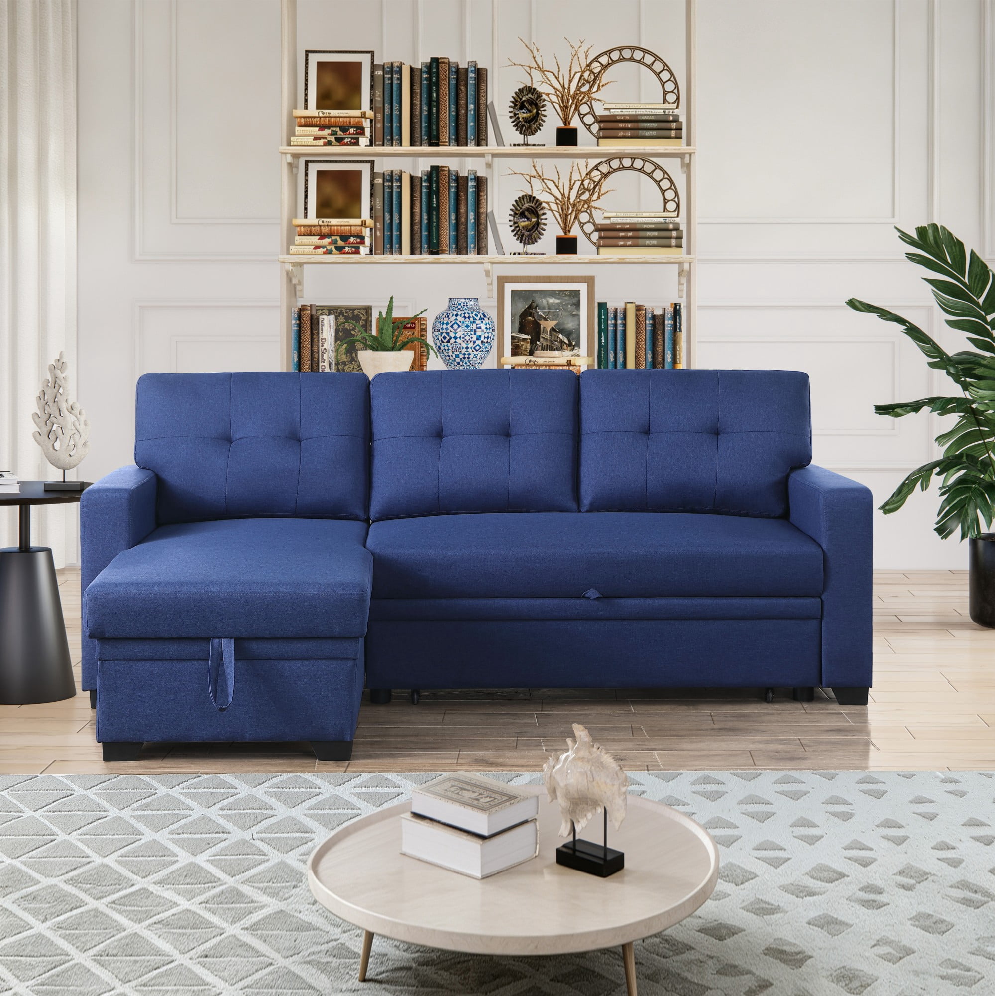 BSHTI 82" 3-Seat Linen Pull Out Sectional Sleeper Sofa with Storage Chaise, Removable Back Cushions for Living Room（Blue）