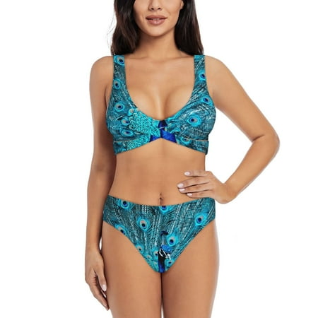 Zeuib Beautiful Blue Peacock High Waisted Tummy Control Bikini Set - Knot Front Push Up Top & Cheeky Thong Bottom  Two-Piece Swimsuit for Women-Large
