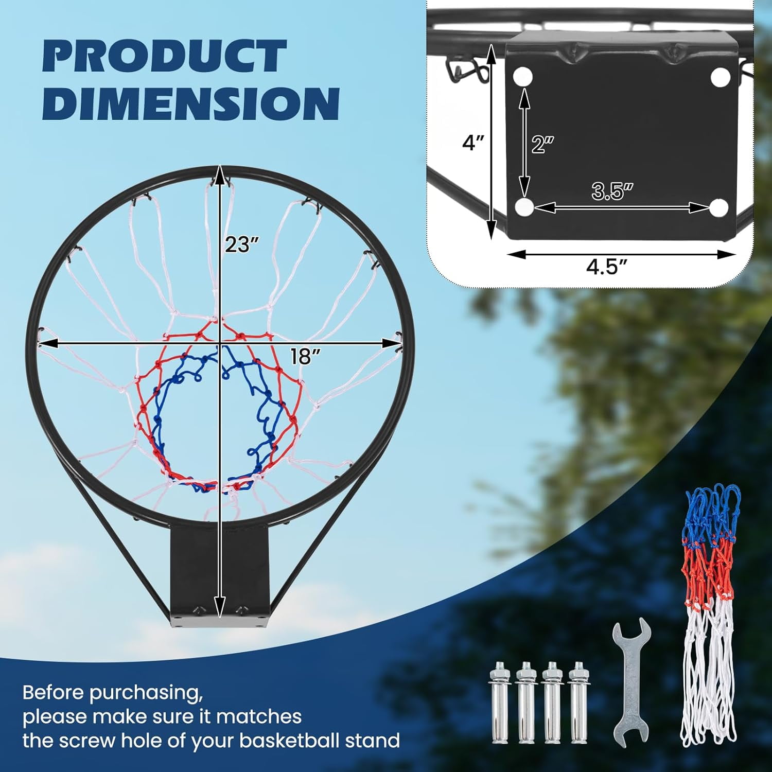 15"/18" Basketball Rim, Wall Door Mounted Basketball Hoop Replacement with All Weather Net, Basketball Rim Goal for Indoor Outdoor Driveway Garage Backyard