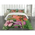 thumbnail image 3 of Ambesonne Flamingo Quilted Bedspread Set 3 Pcs, Hibiscus Tropic Flower, Queen Size, Green Pink Blue, 3 of 5