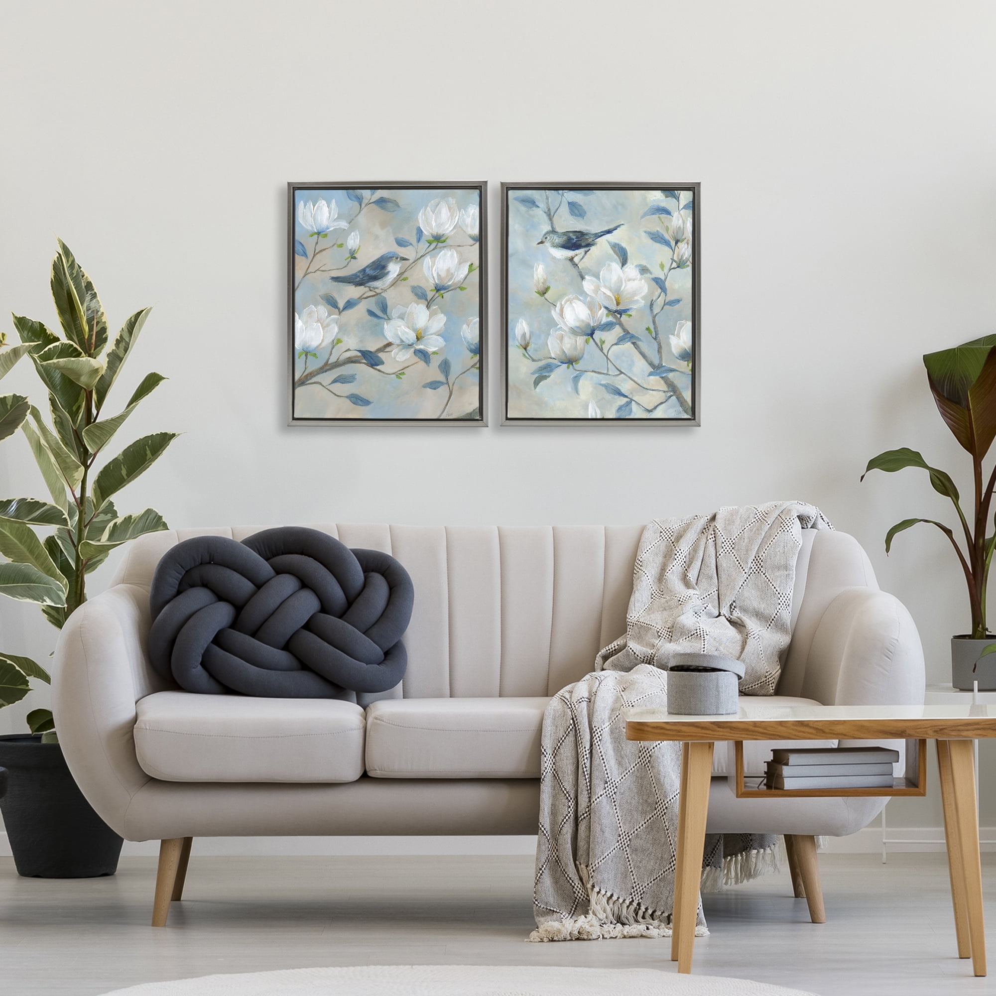 Stupell Industries Blue Birds in Magnolia Tree 2 Piece Gray Framed Floater Canvas Set, design by Nan