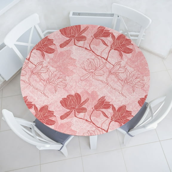 Ambesonne Pink Floral Fitted Round Tablecloth, Magnolia Flowers Spring, 45"- 56" Diameter, Pale Ruby Rose Blush