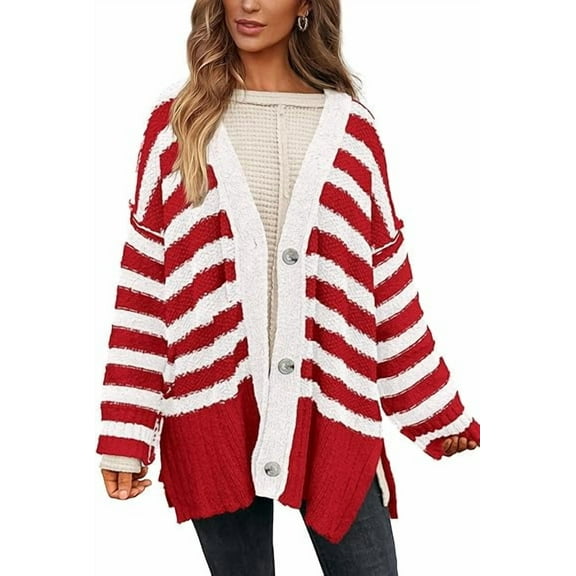 PRETTYGARDEN Women's Winter Striped Cardigan Sweaters Long Sleeve Button Down Open Front Chunky Knit Oversized Sweater Coat
